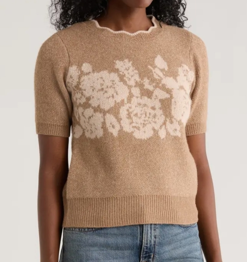 Daniel Rainn Floral Knit Short Sleeve Sweater in Tan and Cream 1X